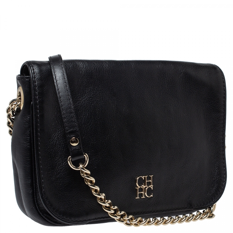 Pre Owned Carolina Herrera Black Leather Flap Shoulder Bag