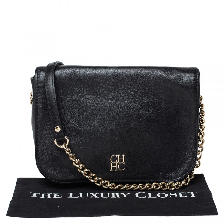 Pre Owned Carolina Herrera Black Leather Flap Shoulder Bag