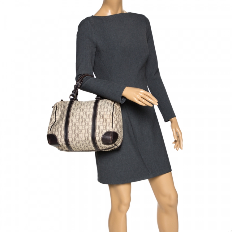 Pre Owned Carolina Herrera Beige/Brown Monogram Canvas and Leather Andy Boston Bag           