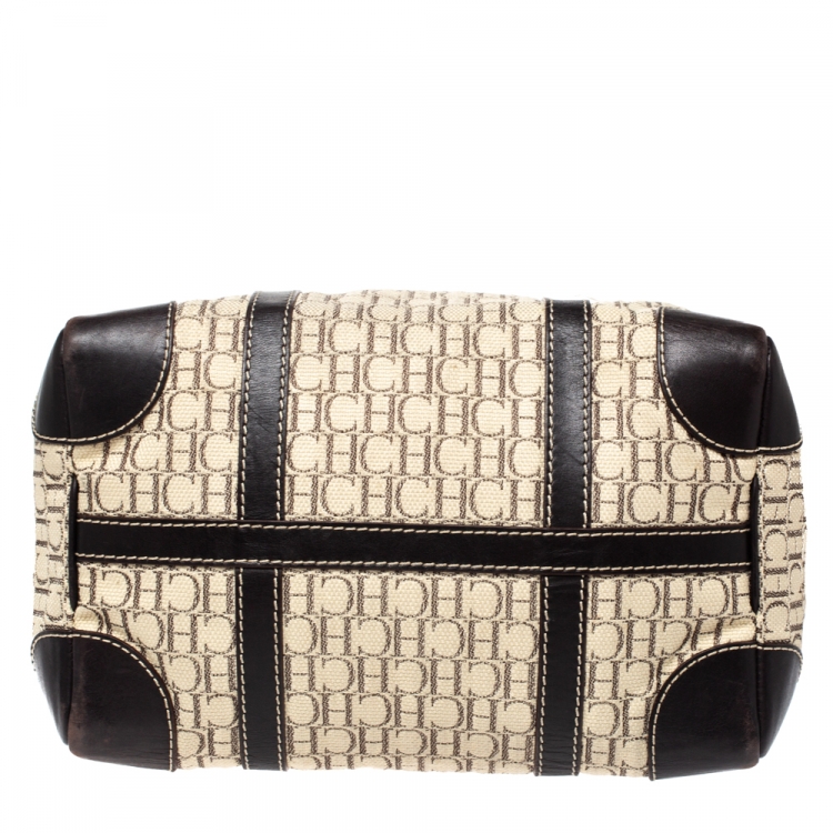 Pre Owned Carolina Herrera Beige/Brown Monogram Canvas and Leather Andy Boston Bag           