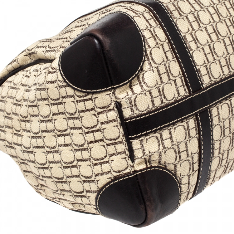 Pre Owned Carolina Herrera Beige/Brown Monogram Canvas and Leather Andy Boston Bag           