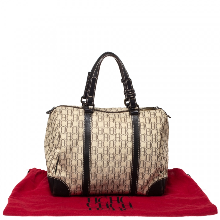 Pre Owned Carolina Herrera Beige/Brown Monogram Canvas and Leather Andy Boston Bag           