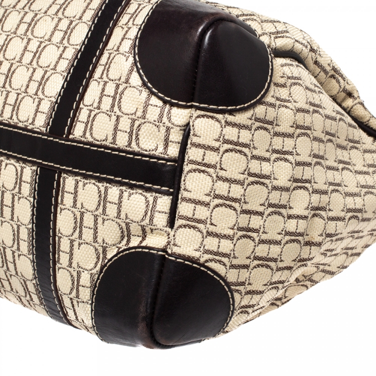 Pre Owned Carolina Herrera Beige/Brown Monogram Canvas and Leather Andy Boston Bag           