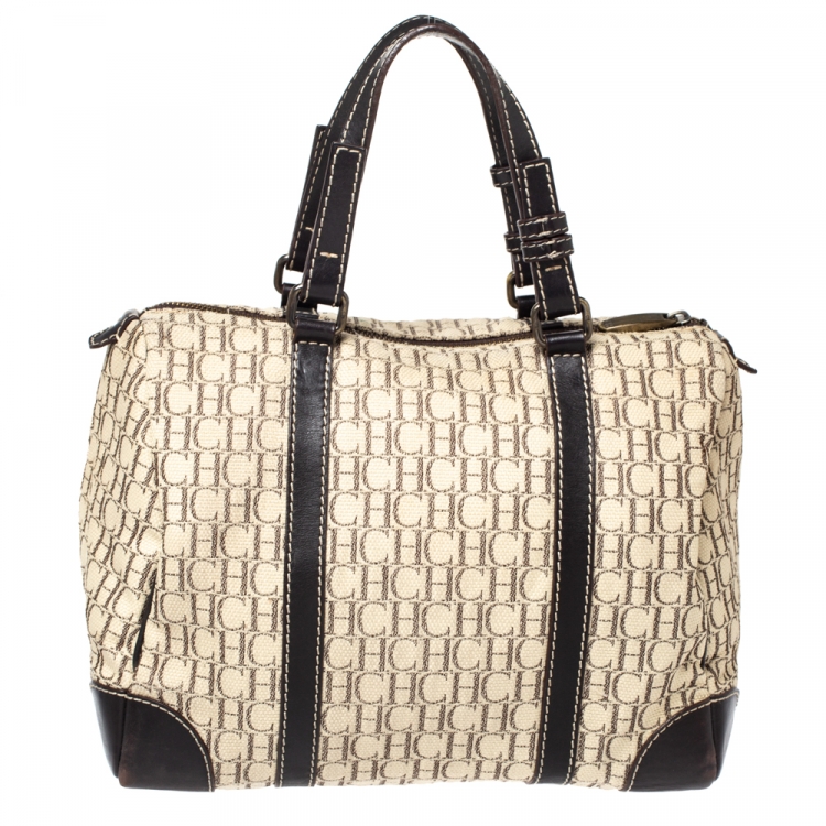 Pre Owned Carolina Herrera Beige/Brown Monogram Canvas and Leather Andy Boston Bag           