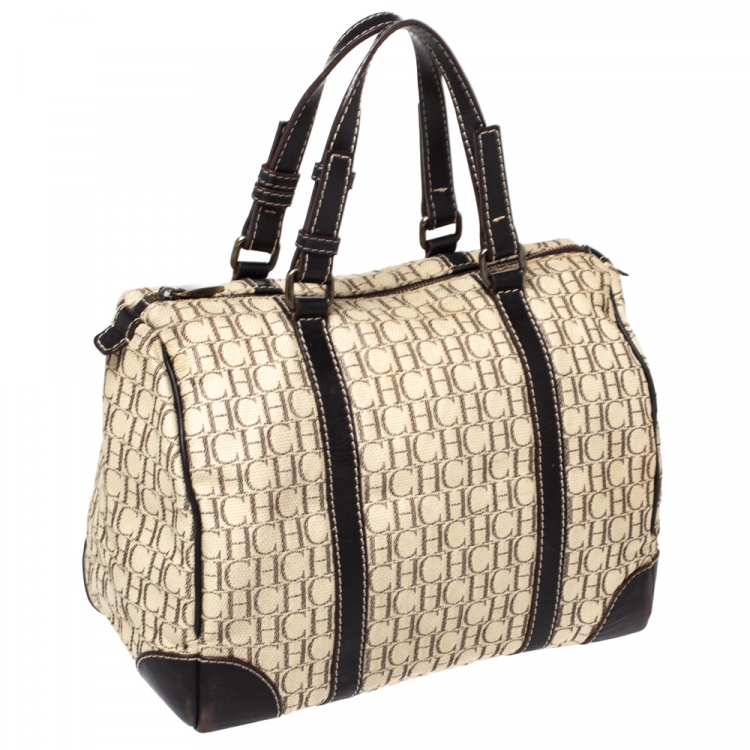 Pre Owned Carolina Herrera Beige/Brown Monogram Canvas and Leather Andy Boston Bag           