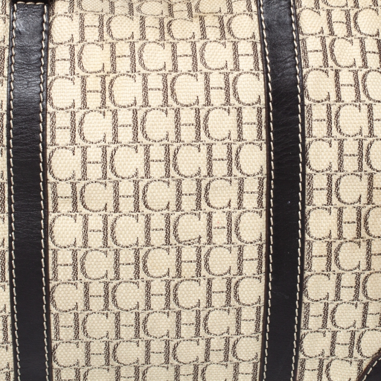 Pre Owned Carolina Herrera Beige/Brown Monogram Canvas and Leather Andy Boston Bag           