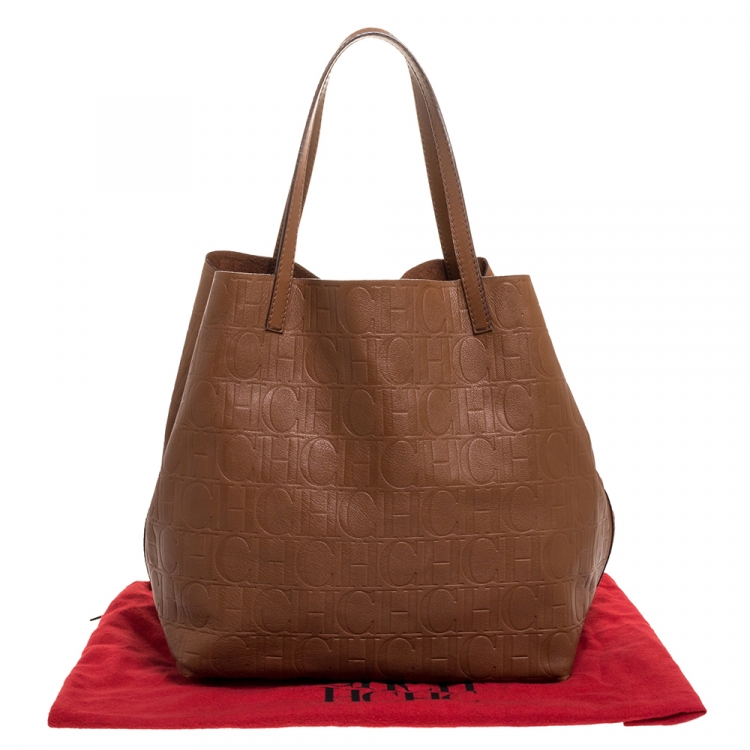 Pre Owned Carolina Herrera Brown Monogram Leather Matryoshka Tote