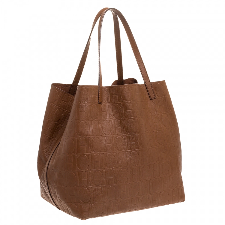 Pre Owned Carolina Herrera Brown Monogram Leather Matryoshka Tote