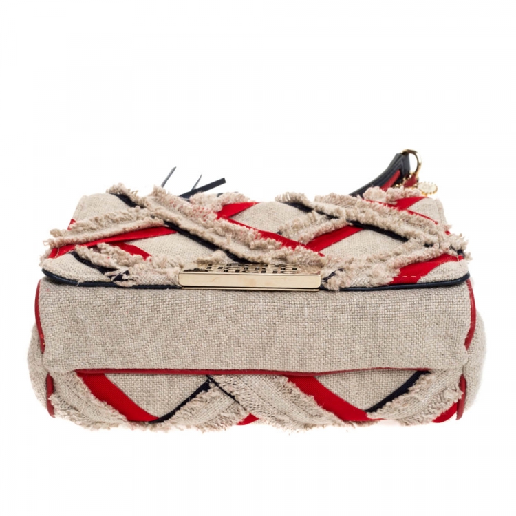 Pre Owned Carolina Herrera Beige/Red Fabric and Leather Embellished Shoulder Bag