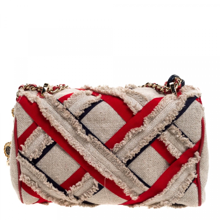 Pre Owned Carolina Herrera Beige/Red Fabric and Leather Embellished Shoulder Bag