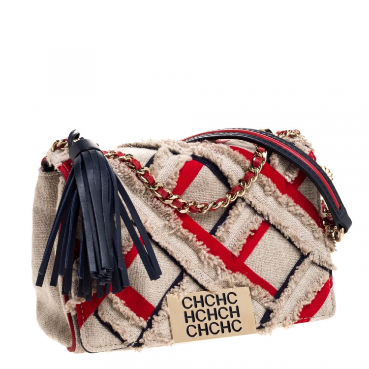 Pre Owned Carolina Herrera Beige/Red Fabric and Leather Embellished Shoulder Bag
