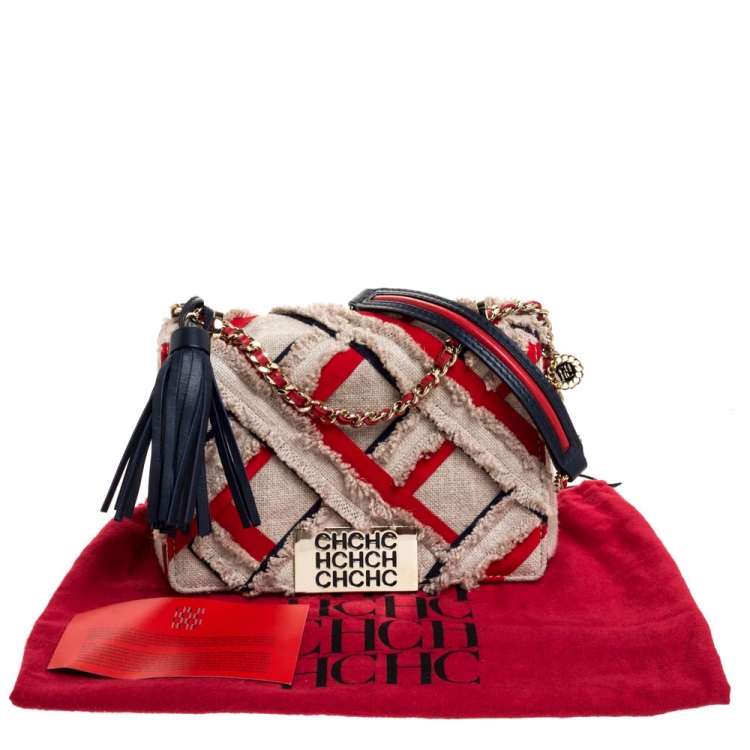 Pre Owned Carolina Herrera Beige/Red Fabric and Leather Embellished Shoulder Bag