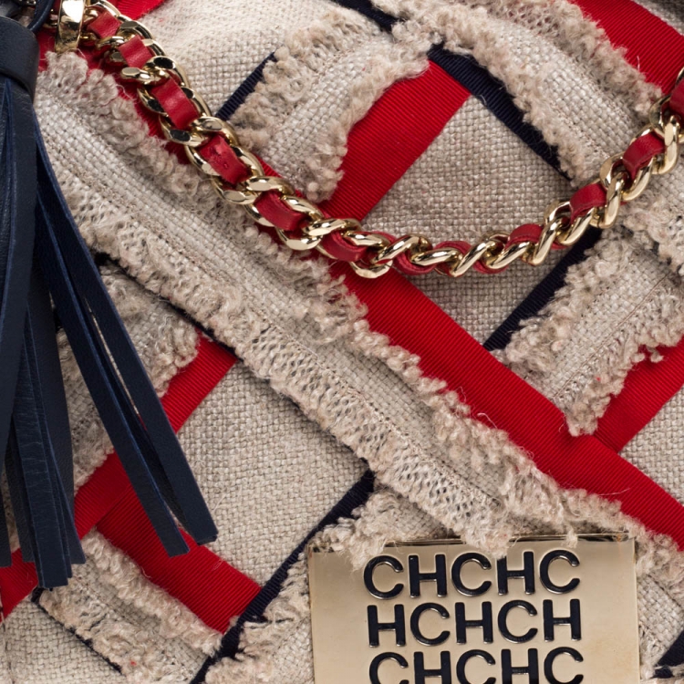Pre Owned Carolina Herrera Beige/Red Fabric and Leather Embellished Shoulder Bag