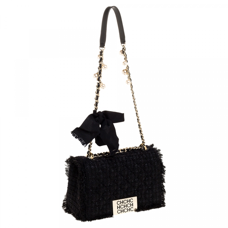 Pre Owned Carolina Herrera Black Tweed and Fabric Faux Pearl Embellished Shoulder Bag