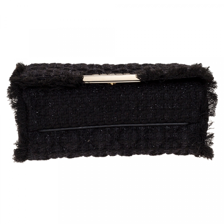 Pre Owned Carolina Herrera Black Tweed and Fabric Faux Pearl Embellished Shoulder Bag