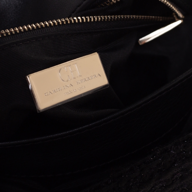 Pre Owned Carolina Herrera Black Tweed and Fabric Faux Pearl Embellished Shoulder Bag