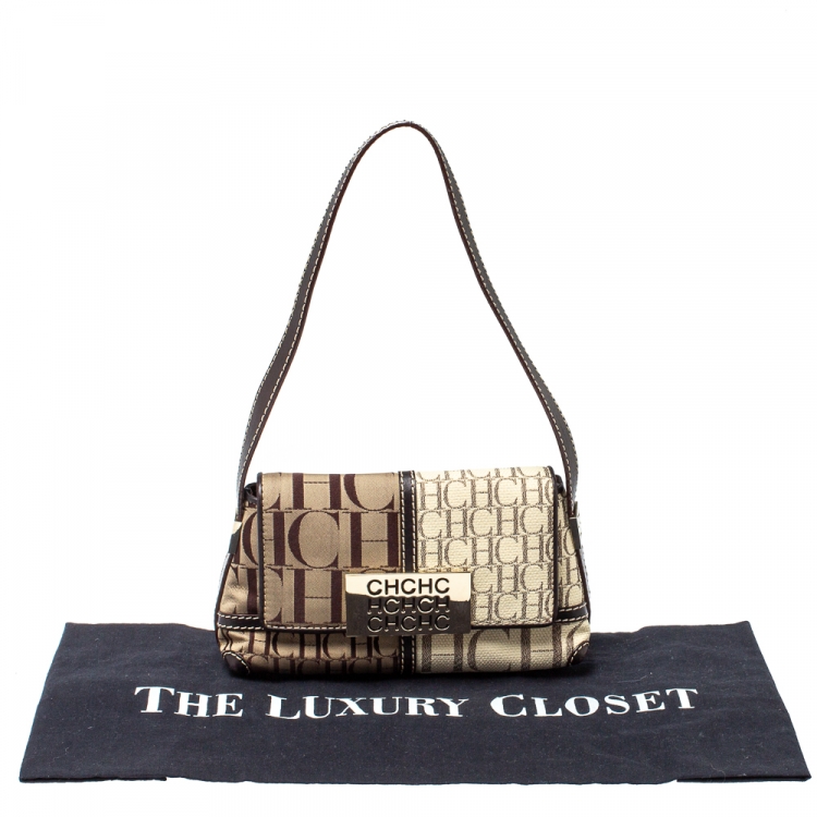 Pre Owned CH Carolina Herrera Brown/White Canvas Small Shoulder Bag