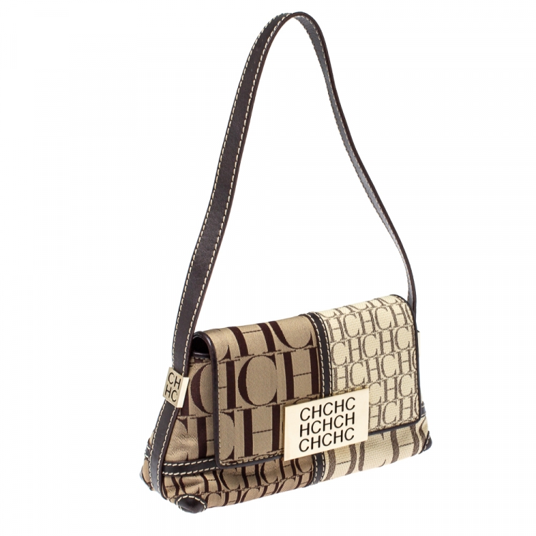 Pre Owned CH Carolina Herrera Brown/White Canvas Small Shoulder Bag
