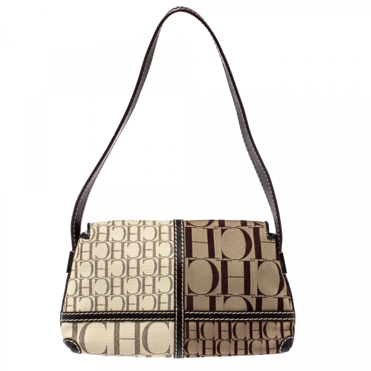 Pre Owned CH Carolina Herrera Brown/White Canvas Small Shoulder Bag