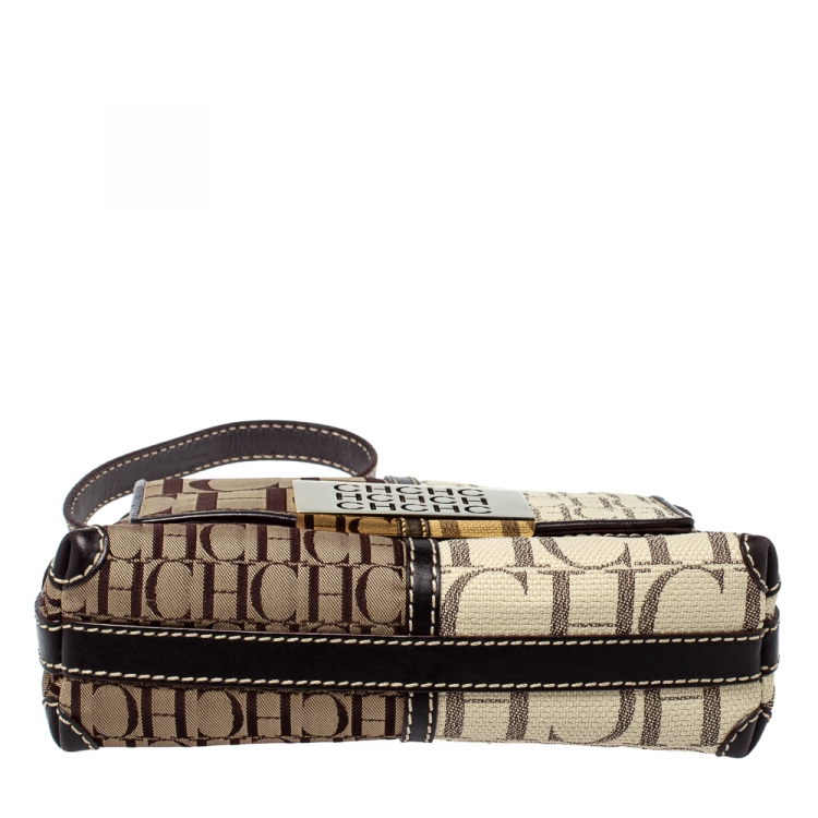 Pre Owned CH Carolina Herrera Brown/White Canvas Small Shoulder Bag