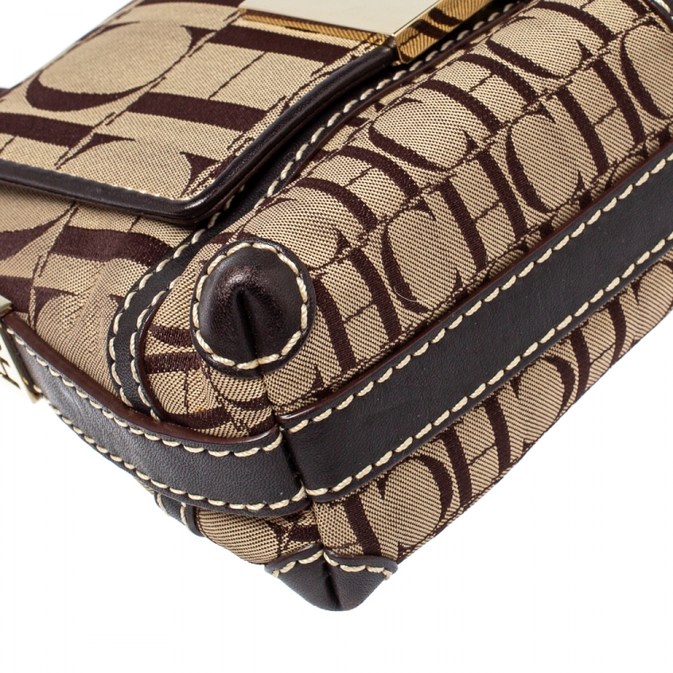 Pre Owned CH Carolina Herrera Brown/White Canvas Small Shoulder Bag
