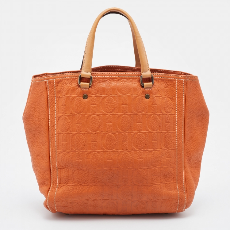 Pre Owned CH Carolina Herrera Orange Monogram Embossed Leather Andy Tote