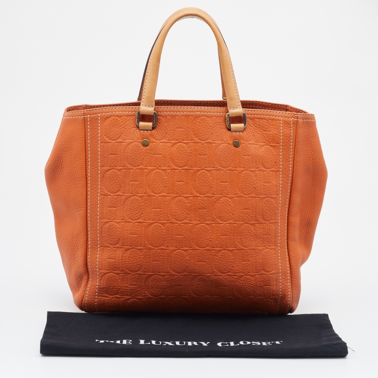 Pre Owned CH Carolina Herrera Orange Monogram Embossed Leather Andy Tote