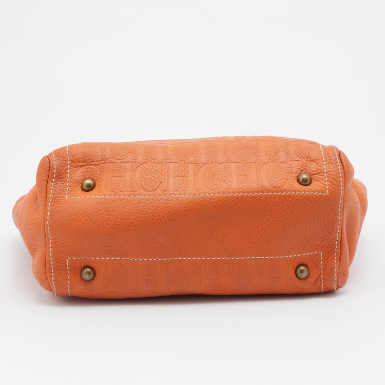 Pre Owned CH Carolina Herrera Orange Monogram Embossed Leather Andy Tote