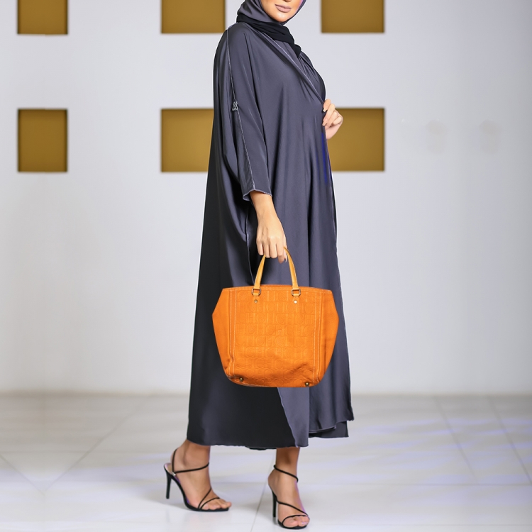 Pre Owned CH Carolina Herrera Orange Monogram Embossed Leather Andy Tote