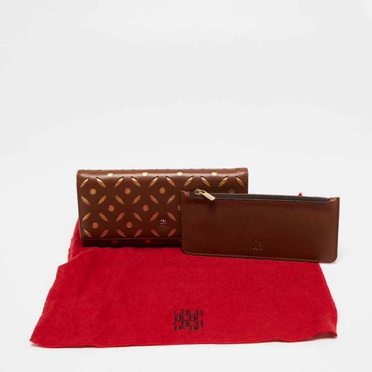 Pre Owned CH Carolina Herrera Brown/Gold Laser Cut Leather Long Trifold Wallet