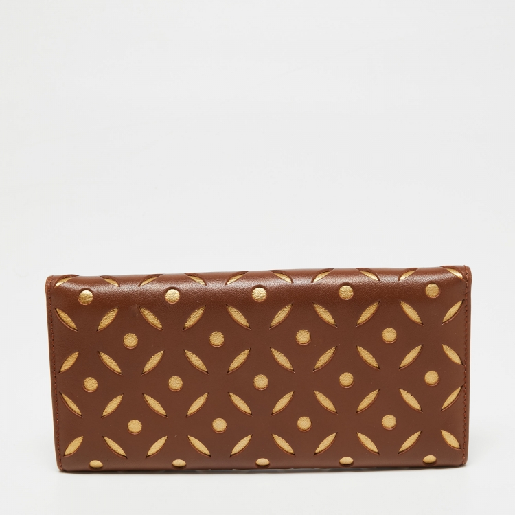 Pre Owned CH Carolina Herrera Brown/Gold Laser Cut Leather Long Trifold Wallet
