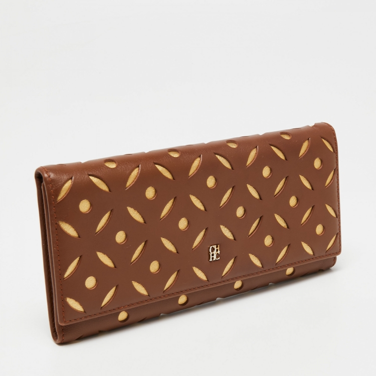 Pre Owned CH Carolina Herrera Brown/Gold Laser Cut Leather Long Trifold Wallet