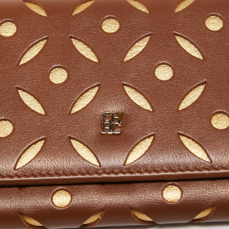 Pre Owned CH Carolina Herrera Brown/Gold Laser Cut Leather Long Trifold Wallet