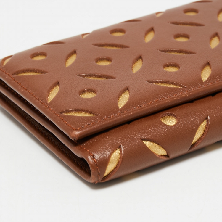 Pre Owned CH Carolina Herrera Brown/Gold Laser Cut Leather Long Trifold Wallet