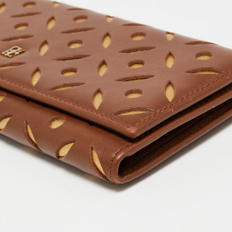 Pre Owned CH Carolina Herrera Brown/Gold Laser Cut Leather Long Trifold Wallet