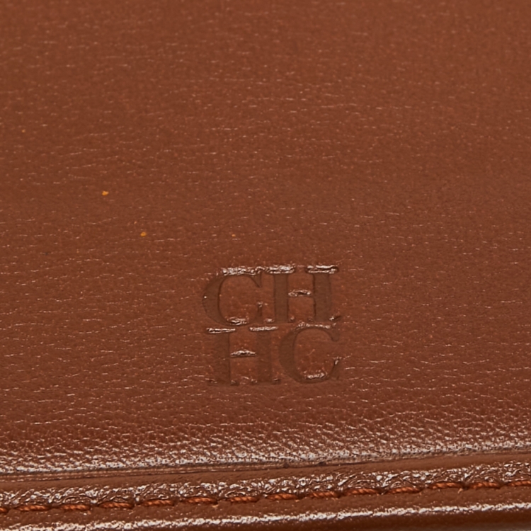 Pre Owned CH Carolina Herrera Brown/Gold Laser Cut Leather Long Trifold Wallet