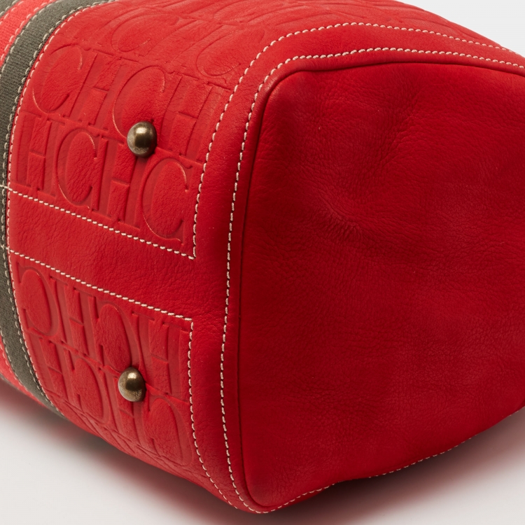 Pre Owned CH Carolina Herrera Red Monogram Embossed Leather Andy Boston Bag