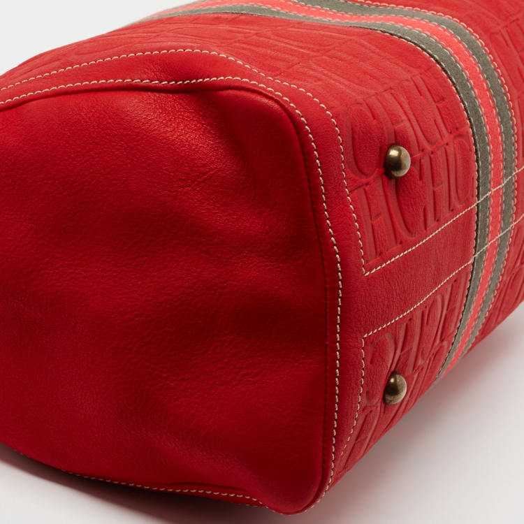 Pre Owned CH Carolina Herrera Red Monogram Embossed Leather Andy Boston Bag