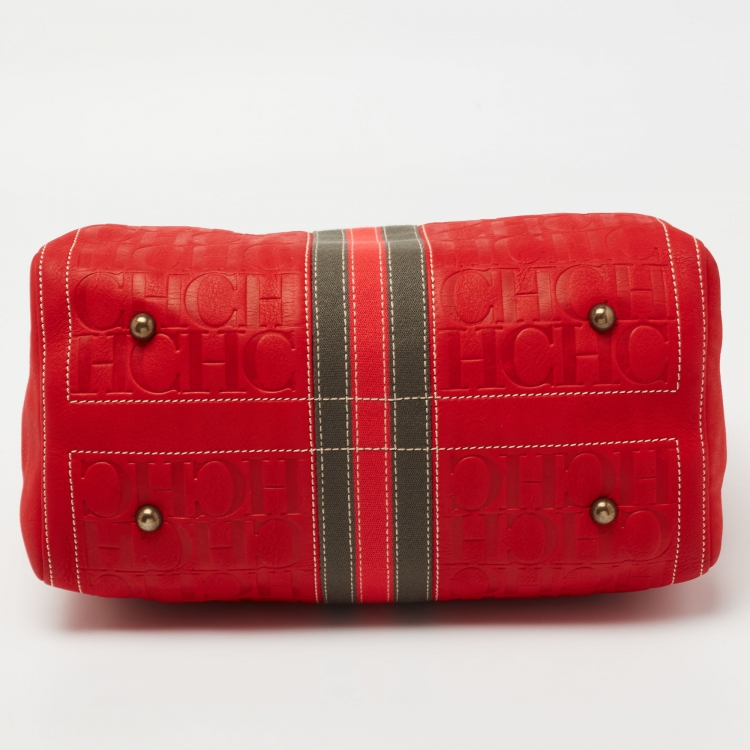 Pre Owned CH Carolina Herrera Red Monogram Embossed Leather Andy Boston Bag