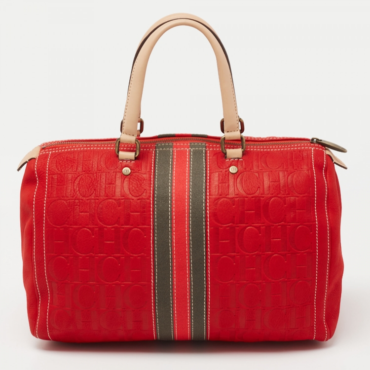 Pre Owned CH Carolina Herrera Red Monogram Embossed Leather Andy Boston Bag