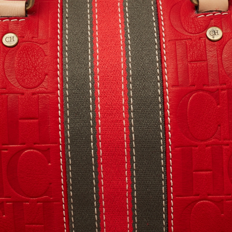 Pre Owned CH Carolina Herrera Red Monogram Embossed Leather Andy Boston Bag