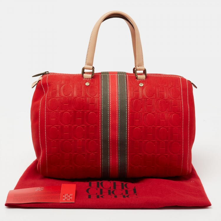 Pre Owned CH Carolina Herrera Red Monogram Embossed Leather Andy Boston Bag