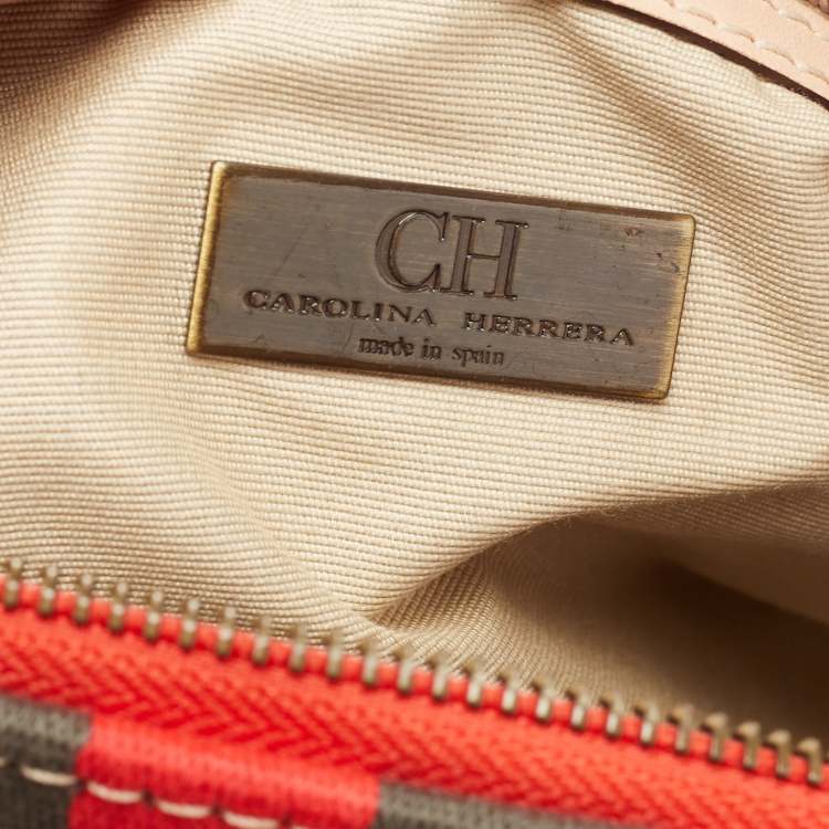 Pre Owned CH Carolina Herrera Red Monogram Embossed Leather Andy Boston Bag