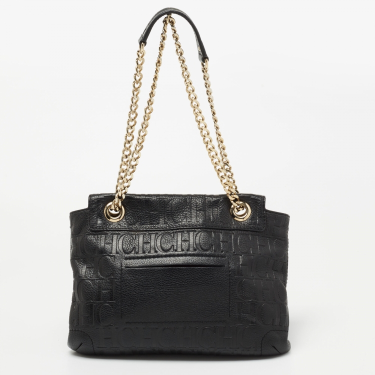 Pre Owned CH Carolina Herrera Black Monogram Leather Audrey Shoulder Bag