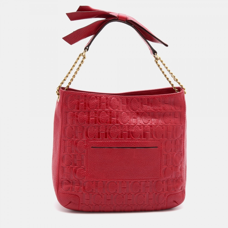 Pre Owned CH Carolina Herrera Red Monogram Embossed Leather Chain Bow Hobo