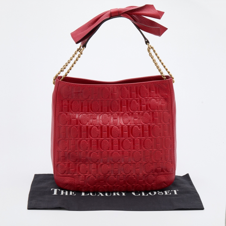 Pre Owned CH Carolina Herrera Red Monogram Embossed Leather Chain Bow Hobo