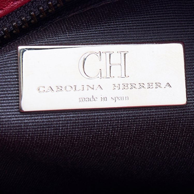 Pre Owned CH Carolina Herrera Red Monogram Embossed Leather Chain Bow Hobo