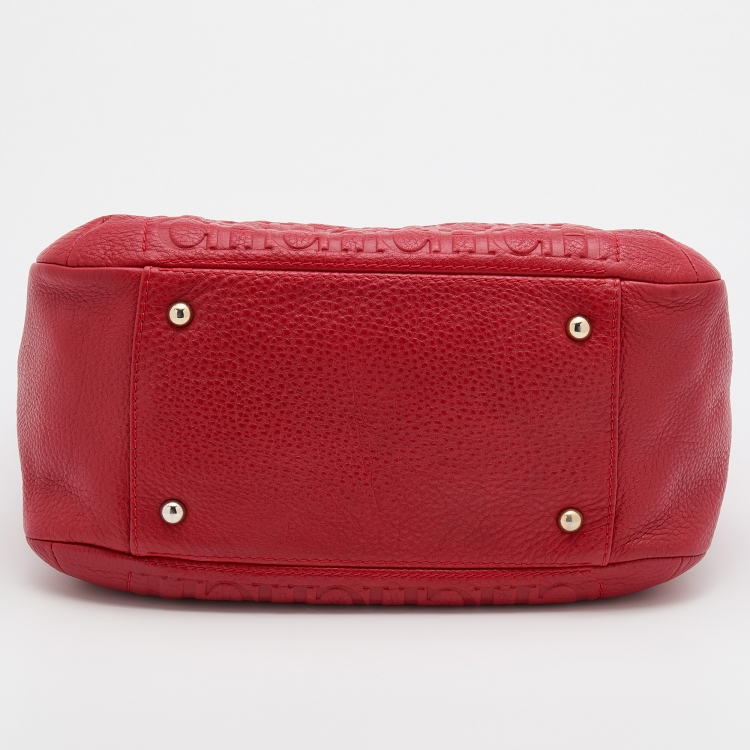 Pre Owned CH Carolina Herrera Red Monogram Embossed Leather Chain Bow Hobo
