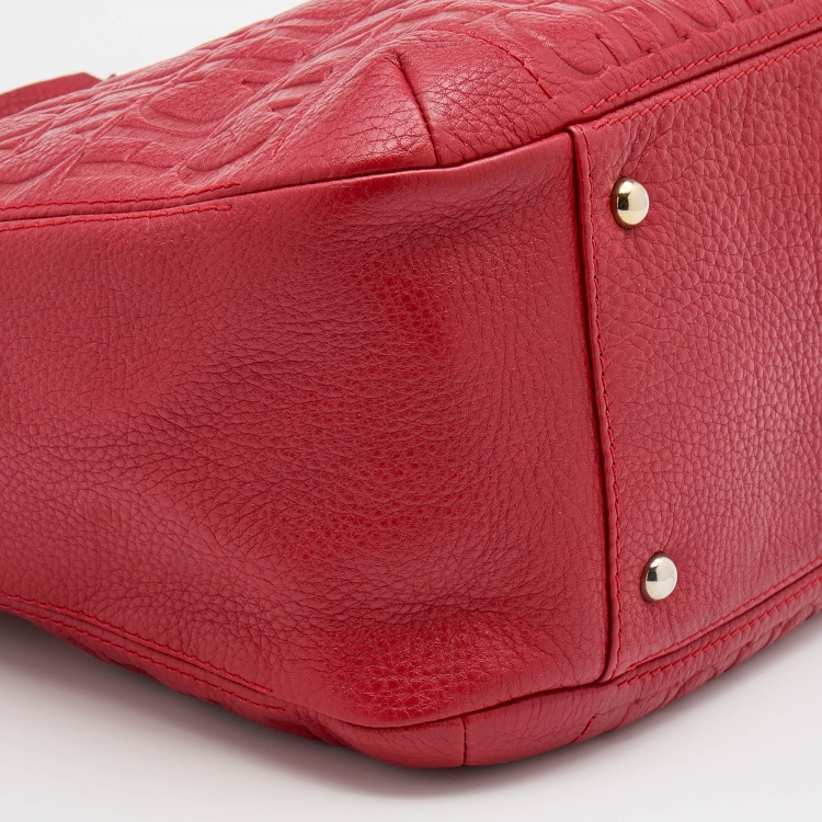 Pre Owned CH Carolina Herrera Red Monogram Embossed Leather Chain Bow Hobo