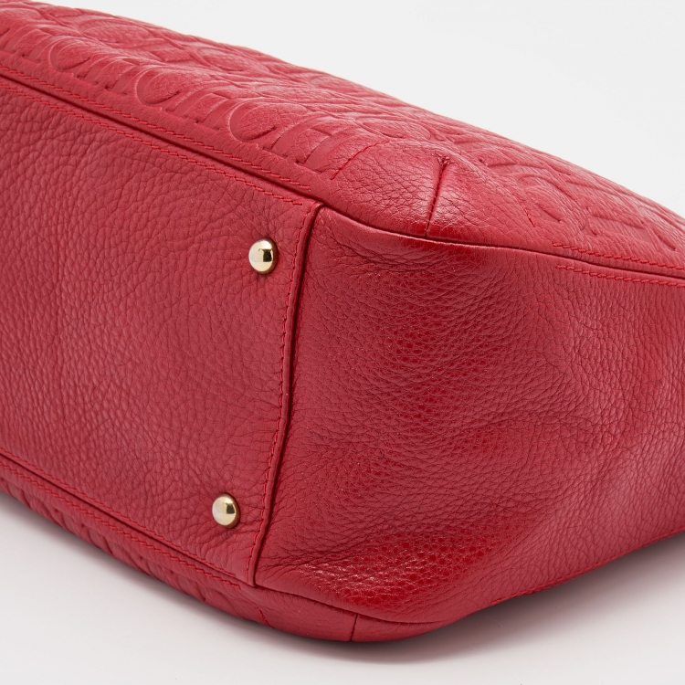 Pre Owned CH Carolina Herrera Red Monogram Embossed Leather Chain Bow Hobo